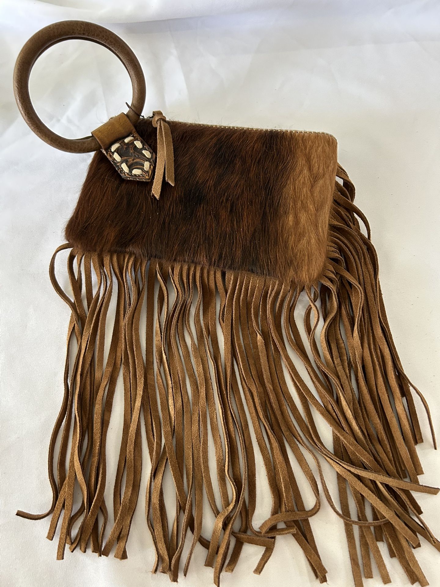 Trinity Ranch Genuine Hair-On Cowhide Ring Handle 8"x5" Wristlet Fringe NEW