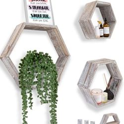 New Set of 3 Rustic Wall Mounted Hexagonal Floating Shelves