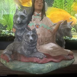 Vintage Figurine Statue , Native American Lady & Wolves