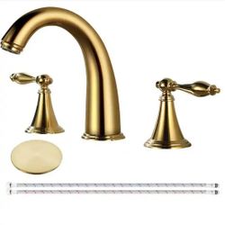 AKLFGN
Double handles 8 in. Widespread Bathroom Faucet 3-Hole Bathroom Sink Faucet in Polished Gold