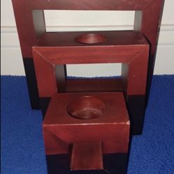 HANDMADE WOOD RED AND BLACK (3) PIECE CANDLE HOLDER SET- LIKE NEW 