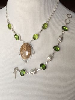 Sterling Silver.925 Jasper And Period Necklace And Bracelet Set.