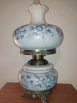 Vintage Large Blue Floral Hurricane Lamp 