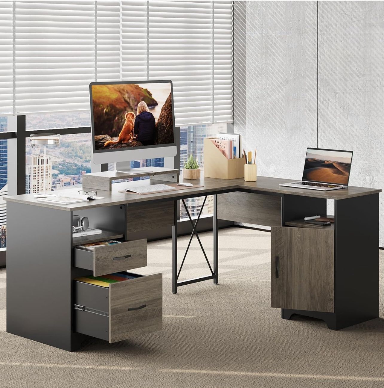0891 L Shaped Desk with File Drawers, 63" x 47" Office Computer Desk with Storage Cabinet, Corner Desk with Monitor Stand & Modesty Panel for Home Off