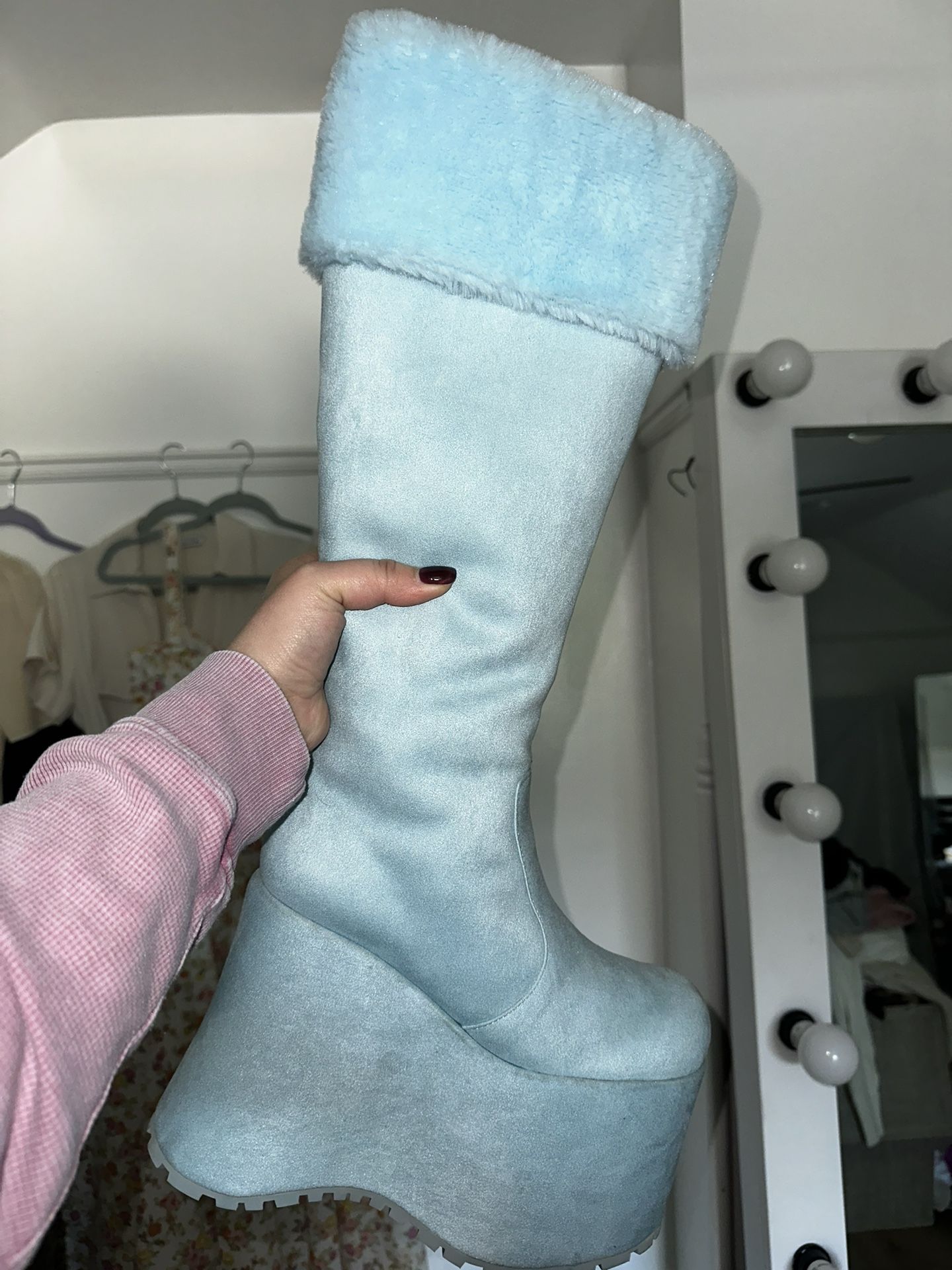 Fur Trim Blue Platform Boots
