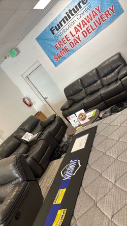 Fall clearance sale. Madrid, gray leather reclining sofa and loveseat set only $1099. Easy finance option. Same-day delivery.