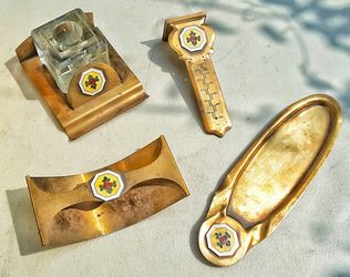 Art nouveau bronze craftsman Era rochester metal arts desk set with cloisonne roses and inkwell as is !