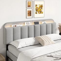 Adjustable Headboard for King/California King Size Bed Frame, Linen Fabric Bed Headboard with Storage & RGB LED Light in Modern Vertical Channel Desig