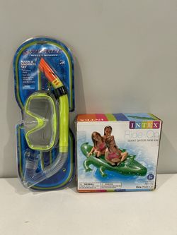 Intex Inflatable Ride-On Gator + Swimline Sports Mask & Snorkel Set – Bundle Deal