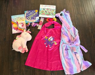 Toddler Unicorn Bundle - Plush Robe (size 3/4), Cape/Mask, New Ooly Pencils, stuffie & 3 Books