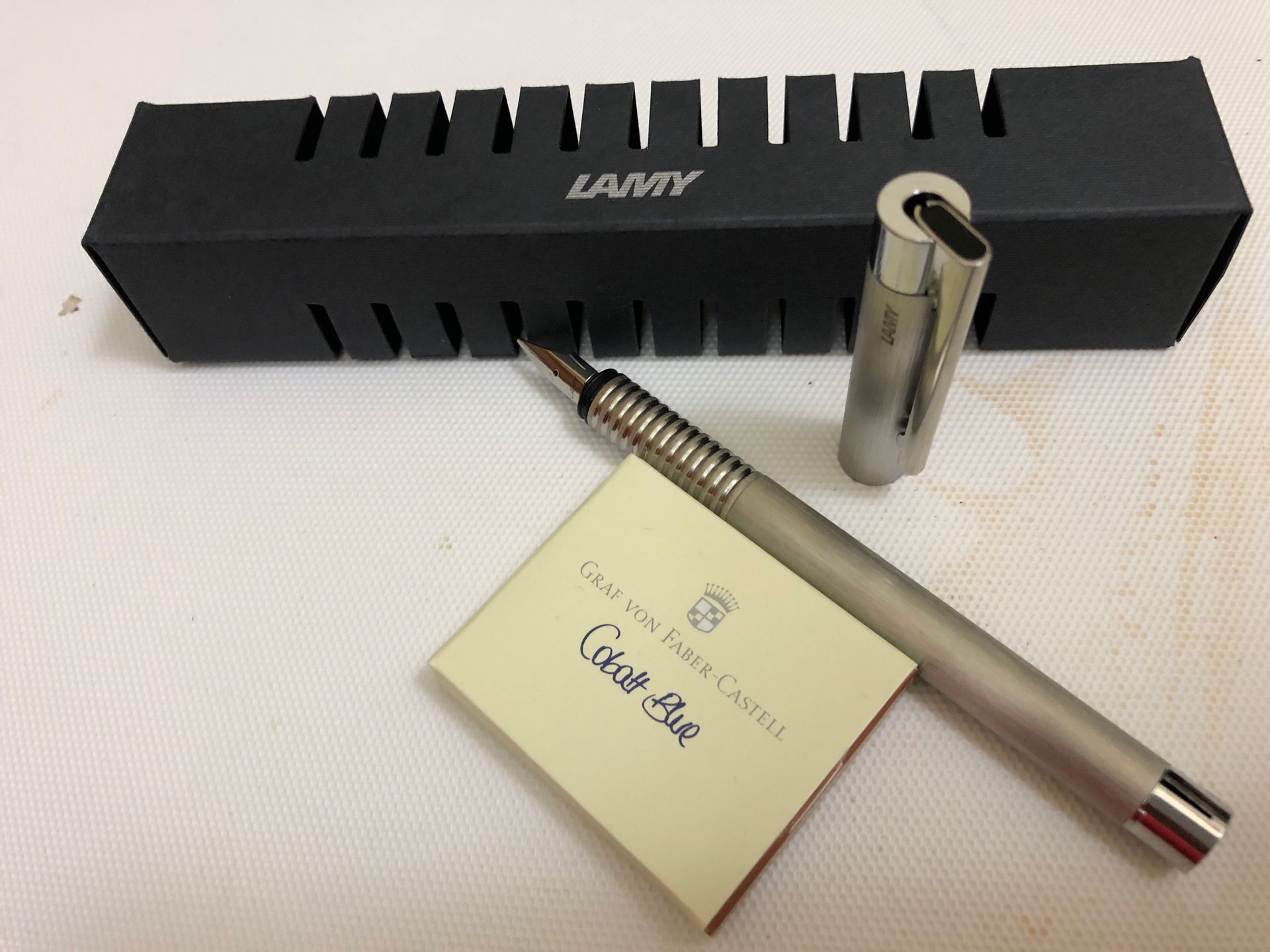 •••LAMY Logo•Brushed Stainless Steel•Fountain Pen+ 4 Cartridges Von Faber Castell•