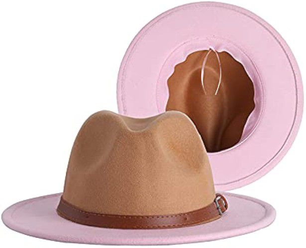 Men Women Two Tone Classic Wide Brim Fedora Hat Brown Pink with Belt
 One Size