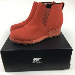 Sorel Evie Wedge Ankle Boots Pull On Waterproof Warp Red Suede women 8, 9.5 new