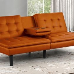 Brand New Orange Leather Futon Sofa Sleeper 