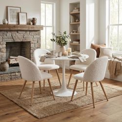 Homy Casa Clift 5PC Dining Set 31.5” White Round Dining Table with 4 Puz Beige Fabric Dining Chair