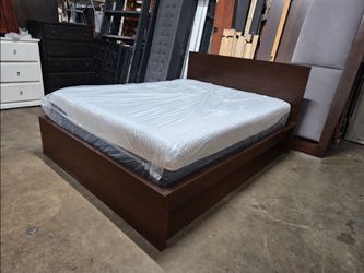 Queen Dark Walnut Platform Bed Frame with Headboard