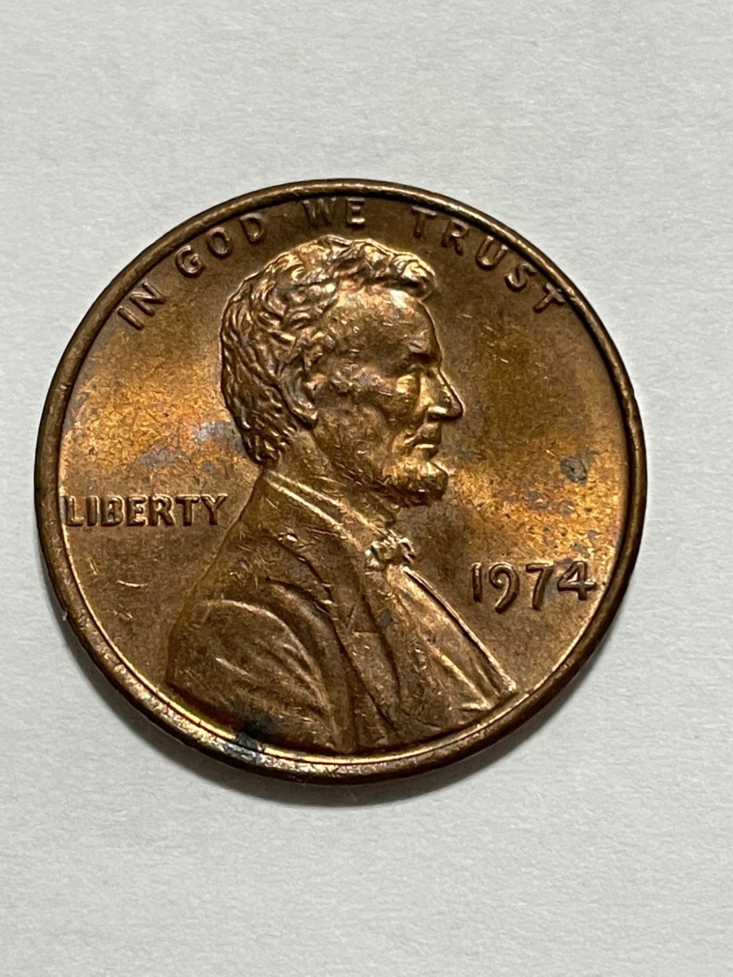 1974 Copper Cent Error Off Center Rim + Light Strike Letters On Rev