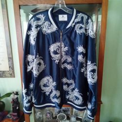 Standard Issue Men's Large Blue Asian Embroidered Dargon Y2K Silky Varsity Jacket 
