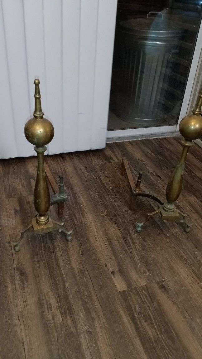 Antique Fire Dogs Brass Andirons Rests
