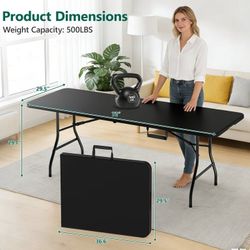 Party Folding Table, 6FT , Heavy Duty Portable Tables with Built in Handle & Steel Legs, Perfect for Indoor, Party, Dining, Black, NEW