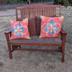 Wooden Garden Bench with Decorative Cushions, Indoor Outdoor Seating