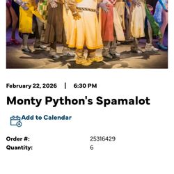 Monty Python's Spamalot - Orchestra Tickets - Segerstrom 2/22/26 at 6:30pm