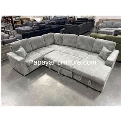120” Large Sectional Sofa Bed, Plush Sectional Sofa Bed, Sleeper Sofa, Couch, Sectional, Grey Sectional Couch, Gray Sofa Bed,Corduroy Sleeper Sofa Bed