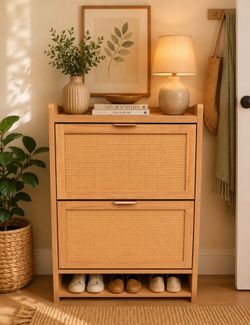 Natural Wood Cane Shoe Cabinet