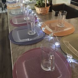 NEW, CLEAR  PLASTIC, 12 PLATES, 12 MUGS, 12 Placemats.USE INDOOR OR BY POOL/PATIO. ,PAID $100.  BUY EVERYTHING TODAY $40.
