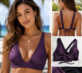 Cupshe Purple Bikini Top Size Small NWT Adjustable Tie Back Plunge Swim Top