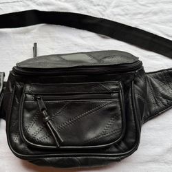 Vintage Soft Leather Fanny Pack Waist Boho Patchwork Black Belt Bag 90s