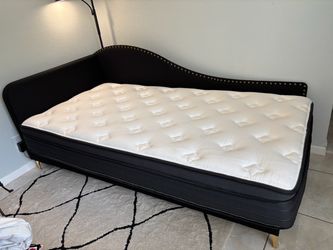 Black Upholstered Twin Daybed + Guest Room Mattress (Gold Legs / Nailhead Trim)