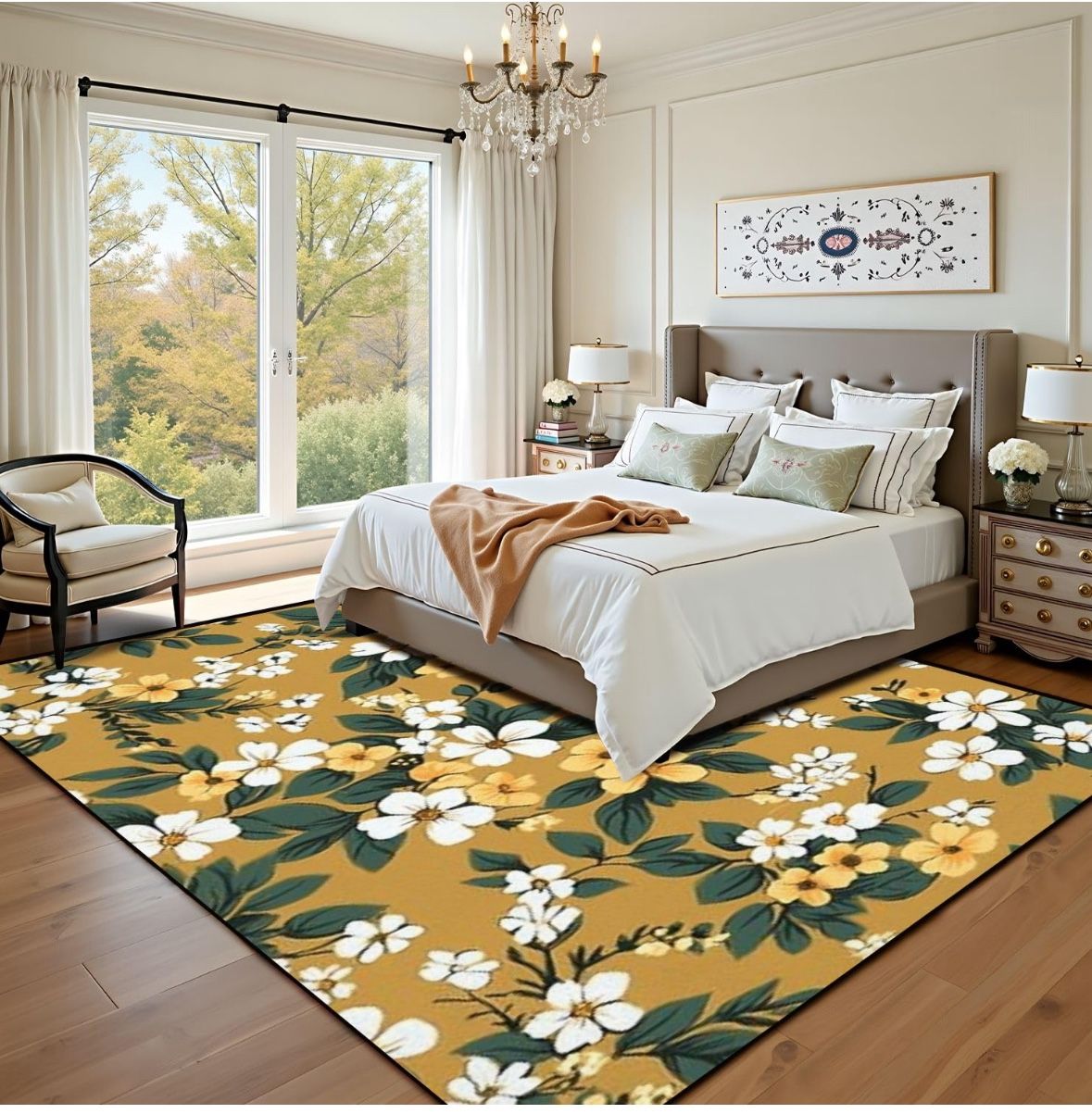 Flower Seamless Muster Area Rug Outdoor Patio Rug Play Mat Modern Floor Carpet Non-Slip Home Decor Living Room Kids Bedroom Nursery, 9x12 ft