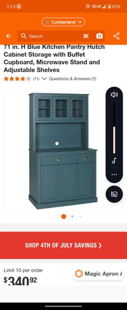 71 in. H Blue Kitchen Pantry Hutch Cabinet Storage with Buffet Cupboard, Microwave Stand