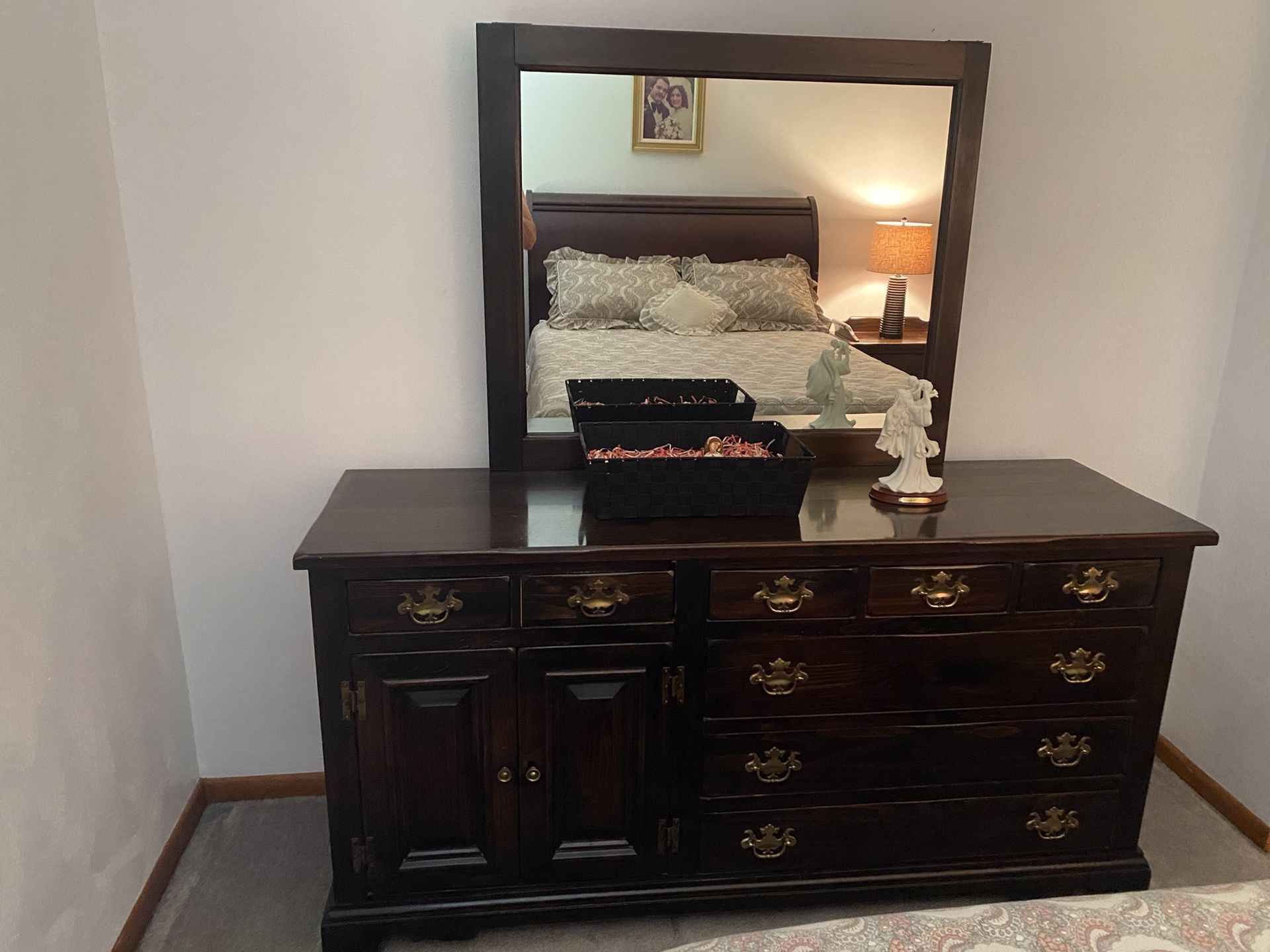 2 Pine Nightstands. Dresser with mirror.