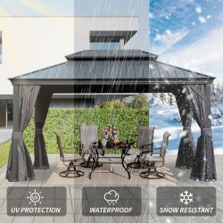 10' X 14' Hardtop Gazebo, Upgraded Metal Gazebo with Drainage System, Dual-Layer Galvanized Steel Roof, Curtain and Netting, Outdoor Shelter Canopy fo