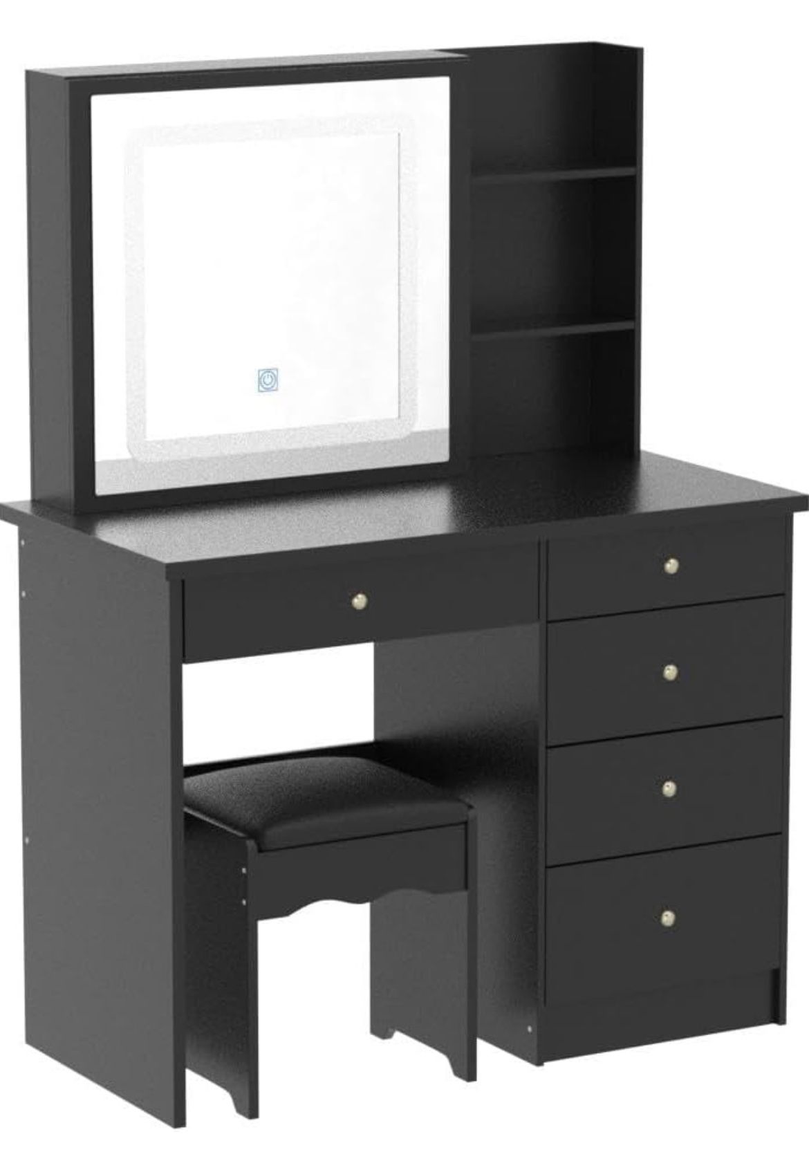 Vanity Desk Set Makeup Table with Large Sliding Lighted Mirror, Dressing Table with 5 Drawers, Storage Shelves & Cushioned Stool for Bedroom, Black