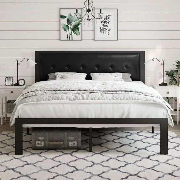*Brand New* Full Size Metal Platform Bed Frame with Faux Leather Headboard, Black