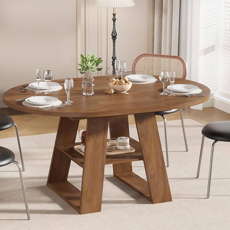 43.3in-59in Extendable Round Dining Table for 4-8,Modern Kitchen Oval Dining Table with Removable Leaves Space Saving,Wood Base with Storage Shelf for