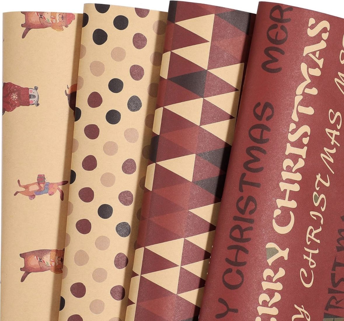 Christmas Wrapping Paper Kraft Flat 8 Sheets Forest Animals, Polka Dots, Triangles, Merry Christmas