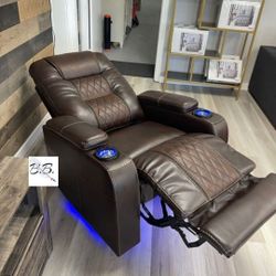 Brand New Cinema Couch 💥 Two Tone Brown Power Recliner Chair With Cup Holders, LED Lights| Black, White, Gray Color Options|