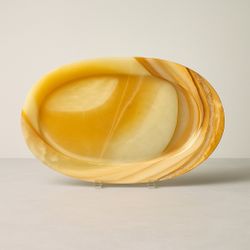 Contemporary Y2K Translucent Onyx Stone Platter Tray Warm Gold Tones, 16 x 9.5”
