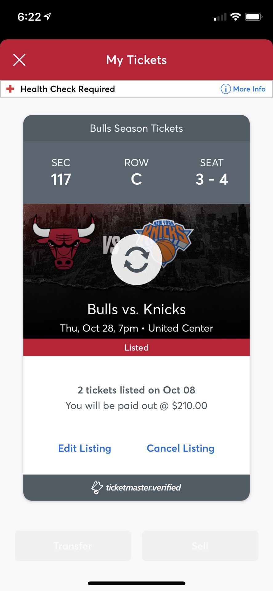 Bulls Vs Knicks Sec 117, Row C, Seat 3&4