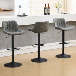 Counter Height Bar Stools Set of 3, Grey Swivel Bar Stools with Back, Adjustable Bar Stool 25"-33", Modern Faux Leather Barstool for Kitchen Island (G