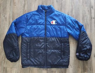Champion Mens Puffer Jacket Blue Black Color Block Lined Mock Neck Medium (Oversized)
