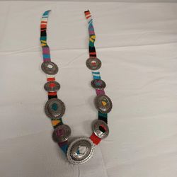 Vintage Concho Woven Fabric Belt Tooled Stamped Metal Silver Tone