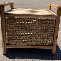 Solid Wood Natural Water Hyacinth Basket Storage Ottoman