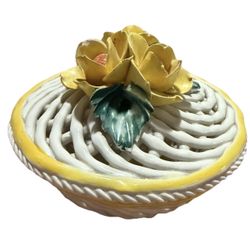 Vintage Italian Ceramic Reticulated Covered Dish Yellow Roses Hand Painted