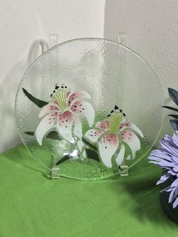 Peggy Karr Signed Fused Art Glass Dish Tiger Lillies 8.5"