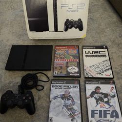 PS2 Slim, 1 Controller,  4 Games, Box.